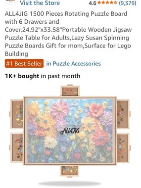 Rotating Wooden Jigsaw Puzzle Board with 6 Drawers - Natural Wood